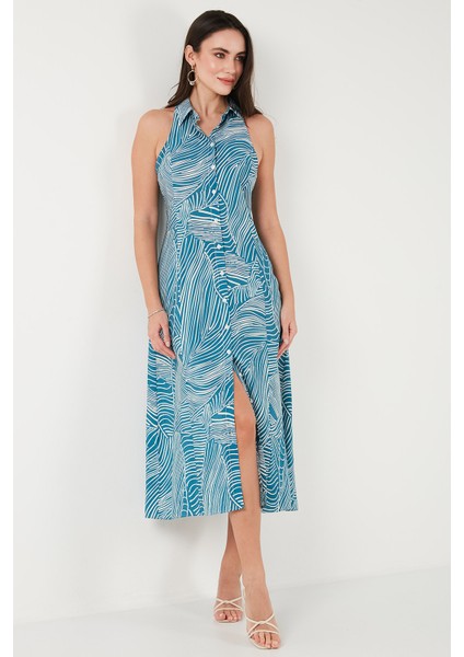 Desenli Slim Fit Düğmeli Midi Boy Gömlek Elbise Bayan Elbise 6772451 indirimleri