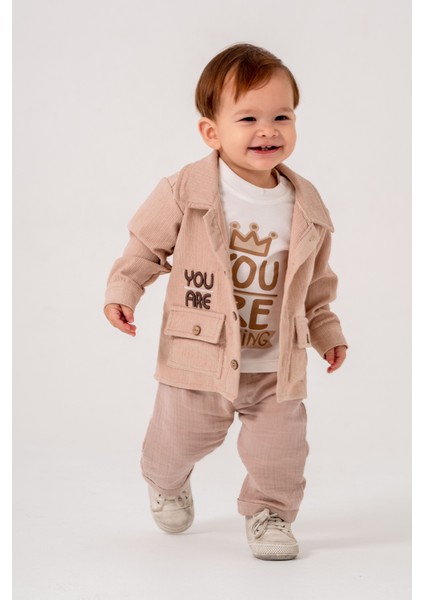 Erkek Bebek Şönil Kadife Ceketli Üçlü Takım