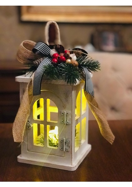 Ledli Dekoratif Fener ,yılbaşı Süsü, Ahşap Boyama Eskitme Noel Süsü, Christmas Hediyelik Fener