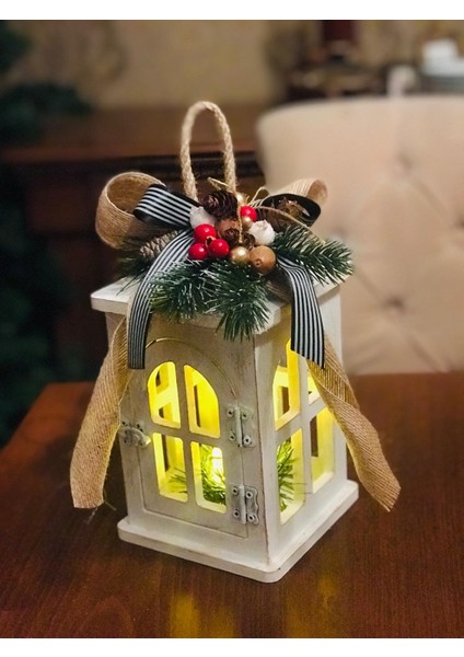 Ledli Dekoratif Fener ,yılbaşı Süsü, Ahşap Boyama Eskitme Noel Süsü, Christmas Hediyelik Fener