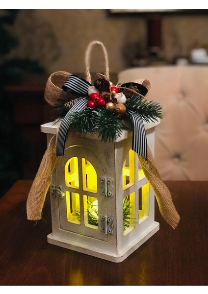 Ledli Dekoratif Fener ,yılbaşı Süsü, Ahşap Boyama Eskitme Noel Süsü, Christmas Hediyelik Fener