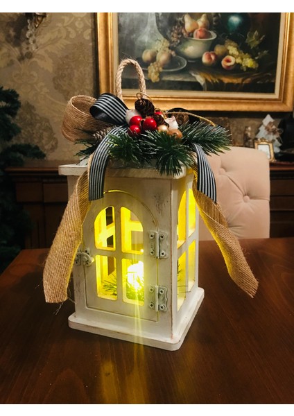 Ledli Dekoratif Fener ,yılbaşı Süsü, Ahşap Boyama Eskitme Noel Süsü, Christmas Hediyelik Fener