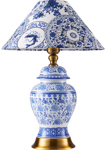 Sanwi Blue Blanc Desenli Seramik Oturma Odası Salon Abajur