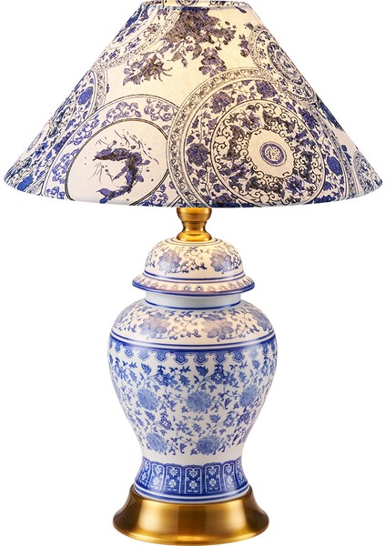 Sanwi Blue Blanc Desenli Seramik Oturma Odası Salon Abajur