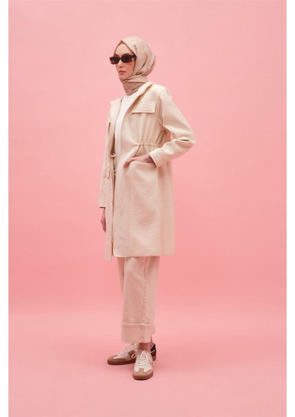 Kapüşonlu Garnili Beli Bağcıklı Kap 25Y7812 Naturel