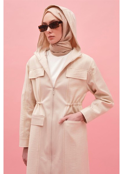 Kapüşonlu Garnili Beli Bağcıklı Kap 25Y7812 Naturel fiyatları