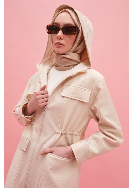 Kapüşonlu Garnili Beli Bağcıklı Kap 25Y7812 Naturel modelleri