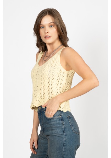 Rtd&vld Kadın Askılı Ajurlu Triko Bluz Sarı
