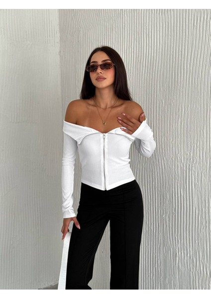 Madonna Yaka Fermuarlı Crop Bluz