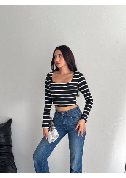 Kare Yaka Otoban Kumaş Çizgili Crop Bluz modelleri
