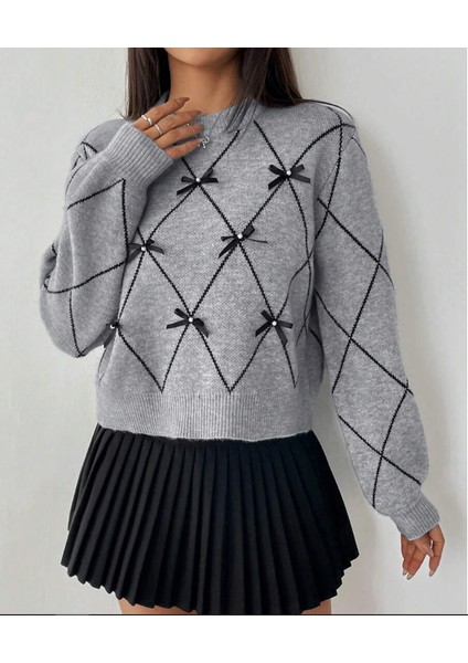 Gri Baklava Desenli Kurdele/fiyonk Detaylı Triko Kazak