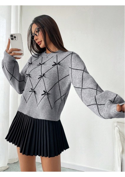 Gri Baklava Desenli Kurdele/fiyonk Detaylı Triko Kazak fiyatları