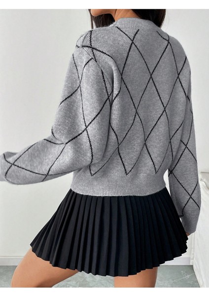 Gri Baklava Desenli Kurdele/fiyonk Detaylı Triko Kazak modelleri