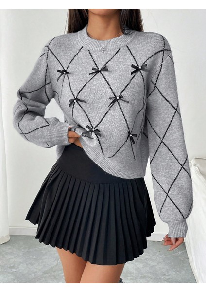 Gri Baklava Desenli Kurdele/fiyonk Detaylı Triko Kazak fırsatları