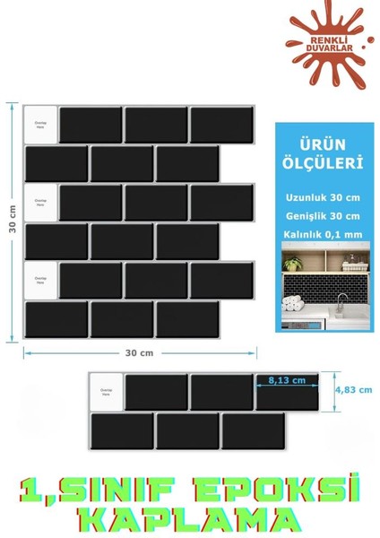 30×30 cm siyah tuğla epoksi 1 adet 3d yapışkanlı duvar kaplama paneli mutfak banyo salon ofis döşeme