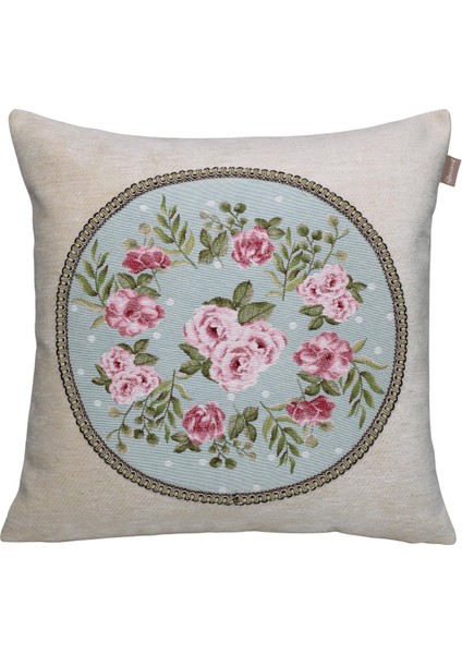 Belıeve Çiçekli Jakarlı Dokuma Goblen Şönil Dekoratif Bej Kırlent 45*45