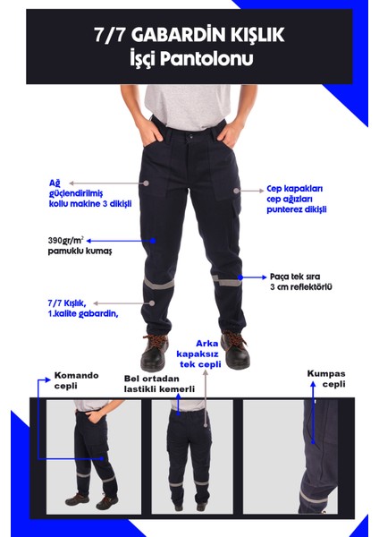 7/7 Gabardin Kışlık İşçi Pantolonu Tek Reflektörlü Kalın İş Pantolonu