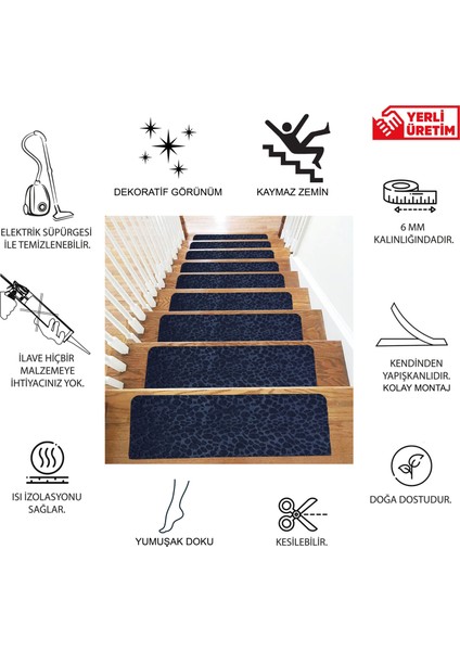 Lacivert Kaydırmaz Keçe Merdiven Matı 22X75 cm -15 Adet