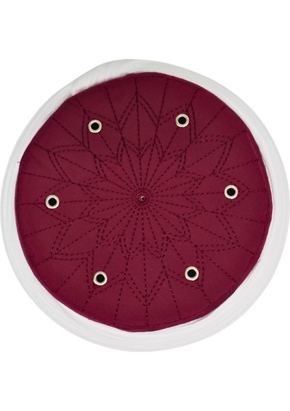Talebe Sarığı-Beyaz Kumaş-Bordo Takke-Yuvarlak Sarım-Kuş Gözlü-5 Metree