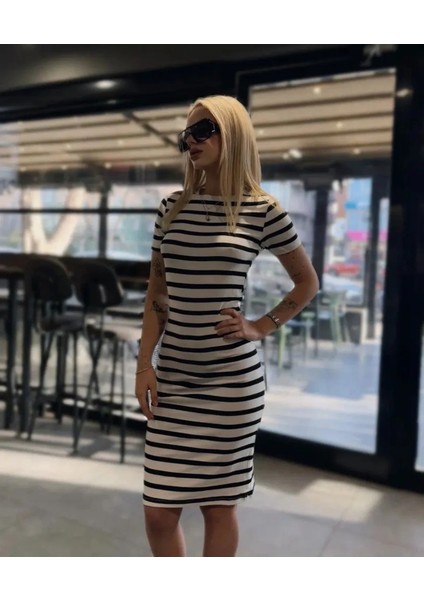 Kadın Çizgili Modal Kısa Kol Elbise