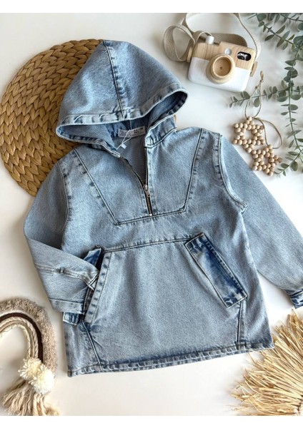 Unisex Çocuk Kapüşonlu Cepli Denim Ceket Gömlek