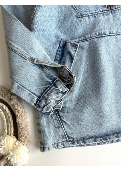 Unisex Çocuk Kapüşonlu Cepli Denim Ceket Gömlek
