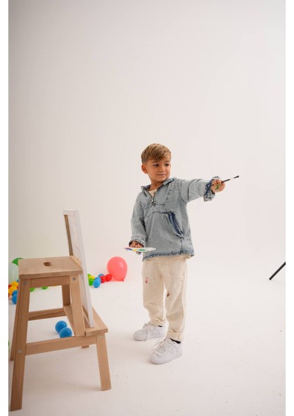 Unisex Çocuk Kapüşonlu Cepli Denim Ceket Gömlek
