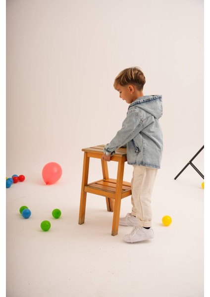 Unisex Çocuk Kapüşonlu Cepli Denim Ceket Gömlek