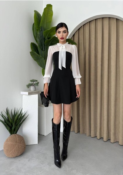 Şifon Detaylı Mini Kloş Elbise