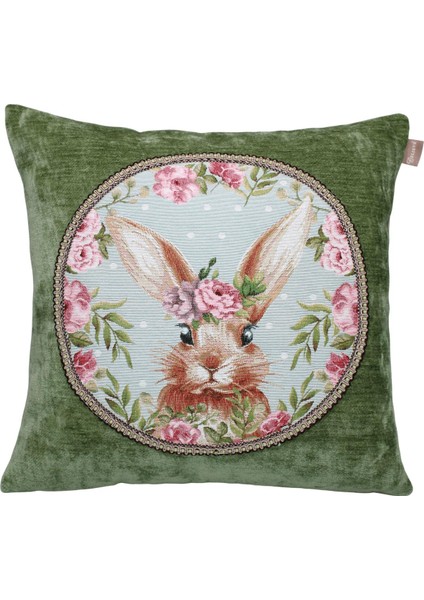 Belıeve Tavşanlı Jakarlı Dokuma Goblen Şönil Dekoratif Yeşil Kırlent 45 x 45