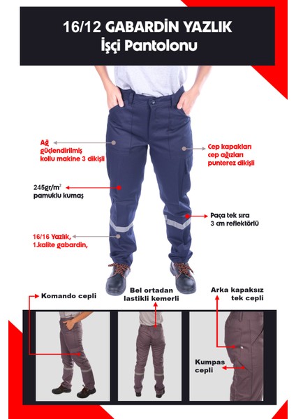 16/12 Gabardin Yazlık İşçi Pantolonu Tek Reflektörlü İş Pantolonu