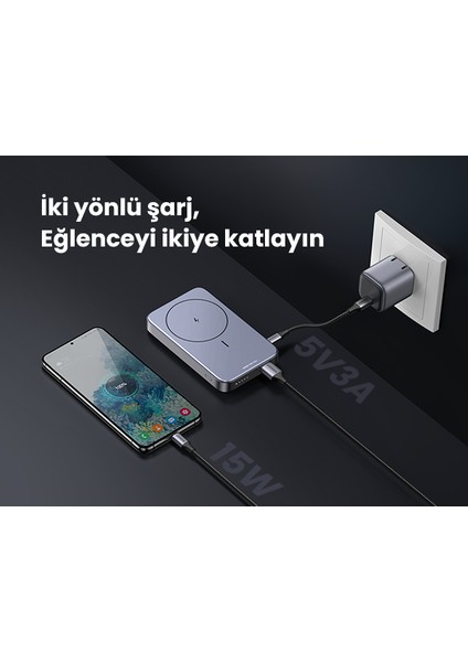 10.000 mAh 22,5W Magsafe Wireless Standlı Kablosuz Hızlı Powerbank 1xUSB-A, 1xUSB-C, Uzay Grisi - 15086