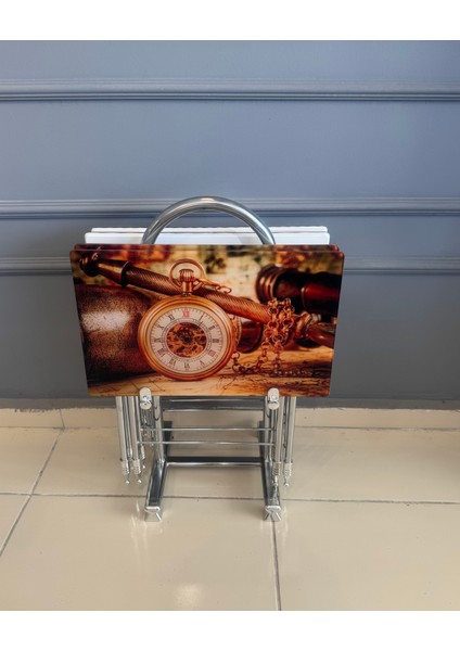 Camlı çanta zigon sehpa, 4’lü metal ayaklı katlanır sehpa, çay sehpası, servis sehpası, katlanır sehpa