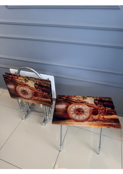 Camlı çanta zigon sehpa, 4’lü metal ayaklı katlanır sehpa, çay sehpası, servis sehpası, katlanır sehpa