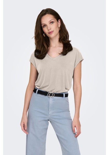 Kadın Onlhannah V Yaka Kısa Kollu T-Shirt 15326642 Taş