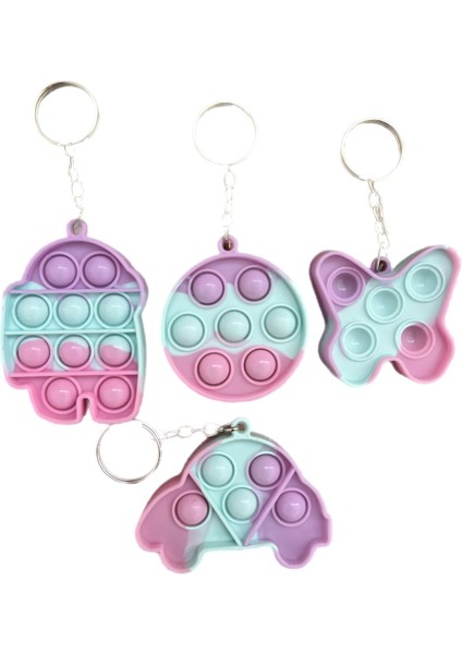 Pembe Renkli Desenli Pop It Push Bubble Fidget Anahtarlık 5 cm 2 Adet