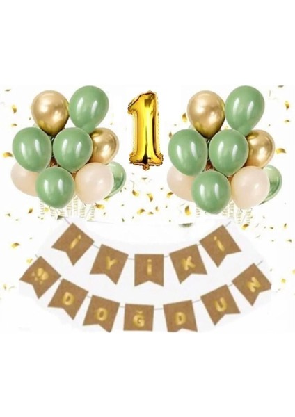 1 Yaş Kraft Gold Varaklı Iyi Ki Doğdun Banner Krom Gold Küf Yeşili Deniz Kumu Balon Set
