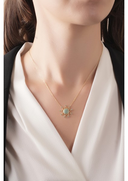 925 Ayar Gümüş , Gold Kaplamalı Mavi Taşlı Güneş Motifli Kolye