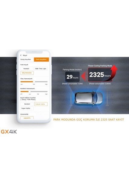 GX4K UltraHd 4K 2ch Wi-Fi Türkçe 2 Kameralı Araç Kamerası