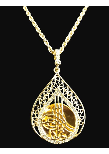 Gold Renk Zirkon Taşlı Paslanmaz Sevgiliye Özel Osmanlı Tuğralı 60 cm Burgulu Zincir Tuğralı Kolye