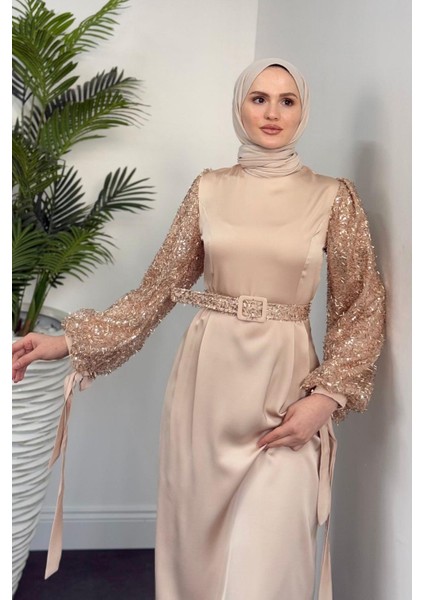 Şehla Kolları Boncuk Işleme Kemerli Abiye Krem fiyatları