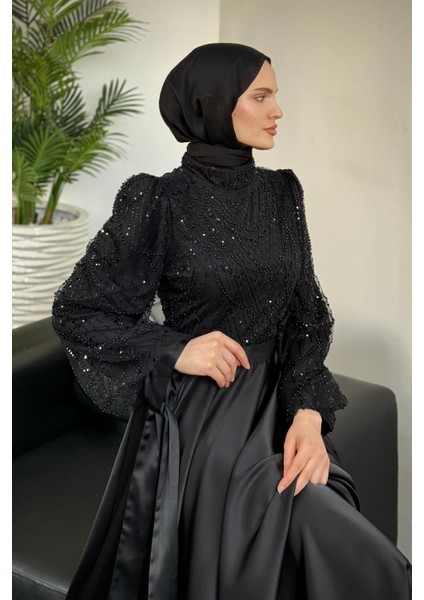 Elena Üstü Payetli Saten Abiye Siyah