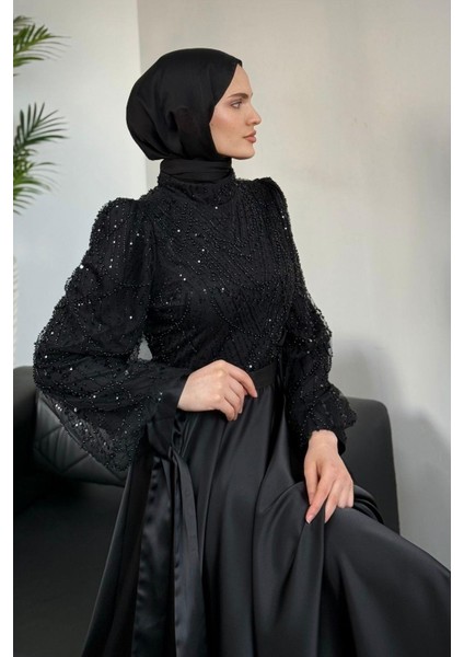 Elena Üstü Payetli Saten Abiye Siyah