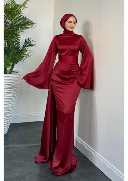 Arabella Pelerinli Saten Balık Abiye Bordo