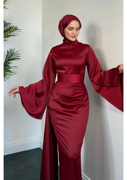 Arabella Pelerinli Saten Balık Abiye Bordo modelleri