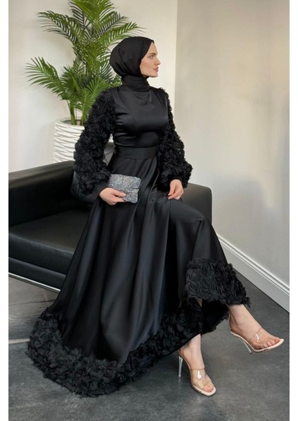 Fiona Kolları ve Alt Kısmı Gül Detay Saten Abiye Siyah