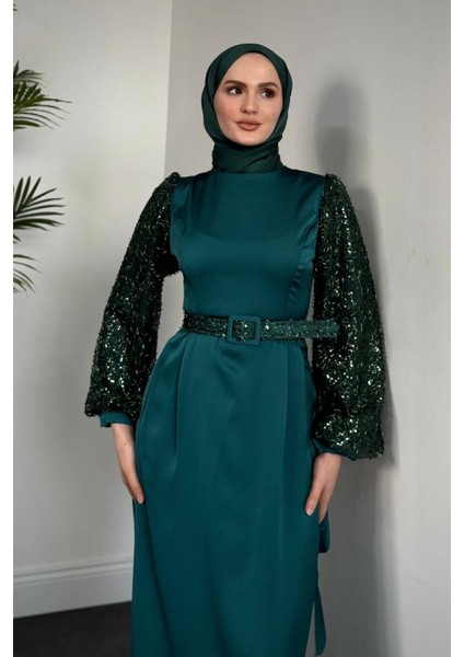 Şehla Kolları Boncuk Işleme Kemerli Abiye Zümrüt fiyatları