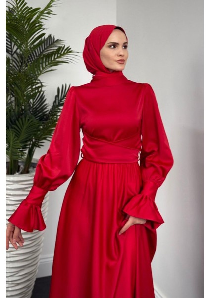 Belina Çapraz Kolları Fırfır Abiye Kırmızı modelleri