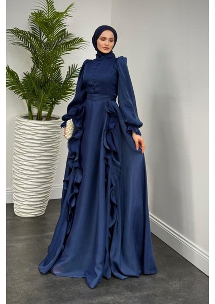 Samira Fırfırlı Janjan Abiye Lacivert