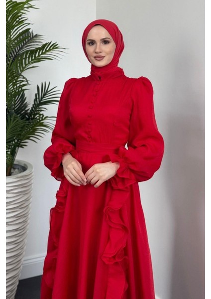 Samira Fırfırlı Janjan Abiye Kırmızı